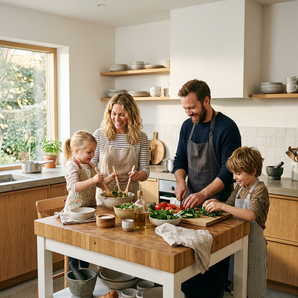Family cooking healthy dinner together in a bright kitchen