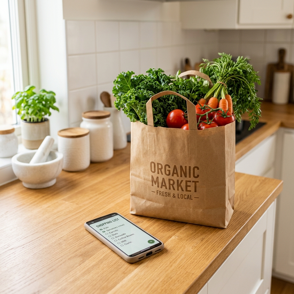 Shopping bag next to a phone with shopping list app